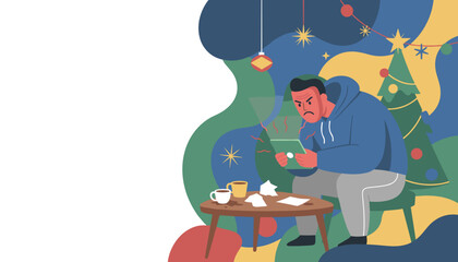 Stressed man works intensely on a glowing tablet device during the holiday season