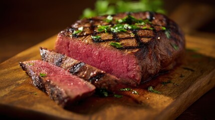 prime. Perfectly grilled steak on a wooden board, garnished with fresh herbs for a rustic appeal. menu design, packaging mockups, designed for culinary blogs and recipe cards for restaurants.