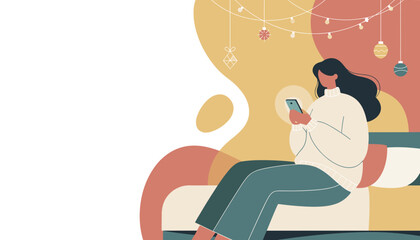 Woman using smartphone while relaxing in a cozy room decorated for the winter holidays