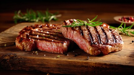 prime. Perfectly grilled steak on a wooden board, garnished with fresh herbs for a rustic appeal. menu design, packaging mockups, designed for culinary blogs and recipe cards for restaurants.