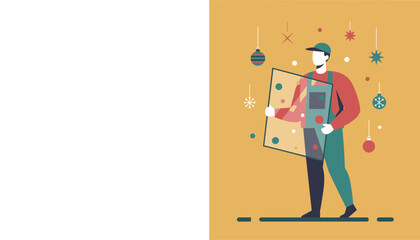 Worker holding glass pane among Christmas decorations Winter service repair or holiday construction