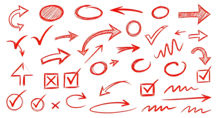 Collection of hand drawn red arrows checkmarks and circles isolated on transparent background