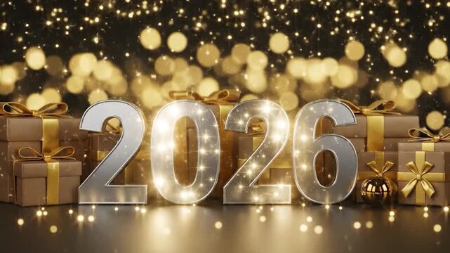 New Year 2026 countdown video with glitter, gifts and glowing background