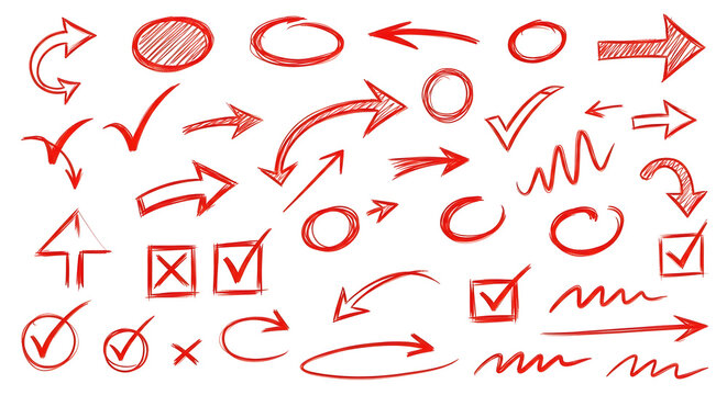 Collection of hand drawn red arrows checkmarks and circles isolated on transparent background