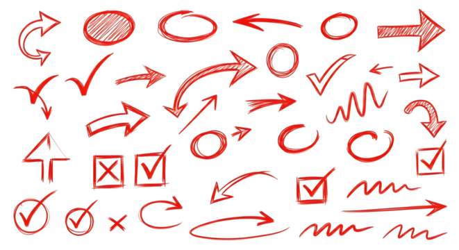 Collection of hand drawn red arrows checkmarks and circles isolated on transparent background