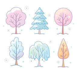Beautiful whimsical winter tree doodle vector isolated gradient illustration. Clip art of pastel tree cartoon for asset, landscape, book, design, background
