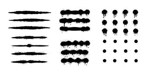 Collection of black spray paint splatters drips and grunge brush stroke elements on white background