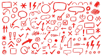 Collection of red hand drawn doodles and symbols isolated on transparent background