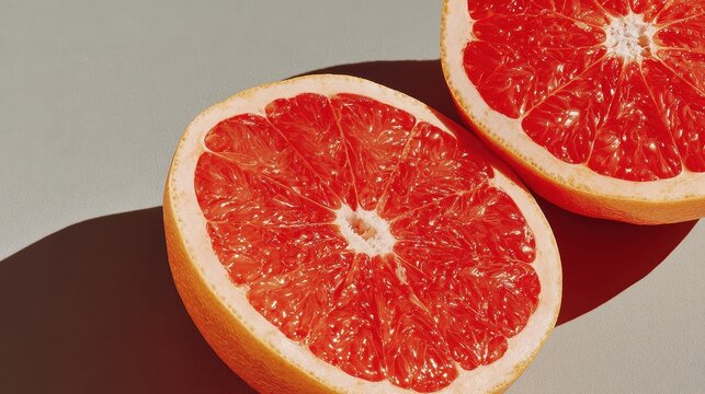 Close up of halved grapefruit showing juicy segmented flesh