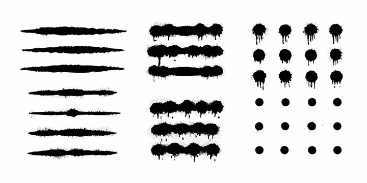 Collection of black spray paint splatters drips and grunge brush stroke elements on white background