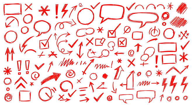 Collection of red hand drawn doodles and symbols isolated on transparent background