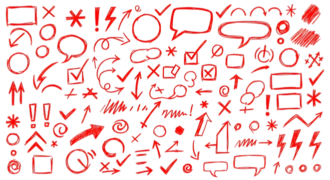 Collection of red hand drawn doodles and symbols isolated on transparent background - Powered by Adobe