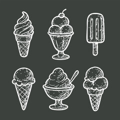 Set of soft ice cream waffled cone in black background hand drawn vector illustration