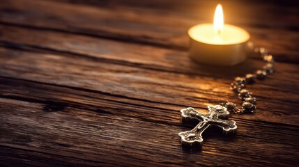 necklace. A silver cross necklace on a weathered wooden table lit by warm candlelight. event programs, museum guides, designed for cultural heritage projects and event programs.