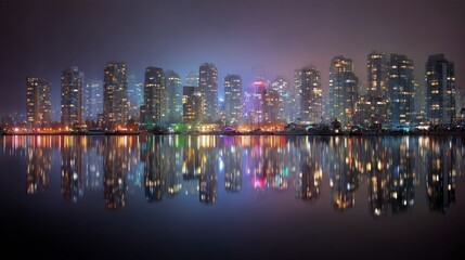 Fototapeta premium A sprawling metropolis at night, its towering buildings shimmering with lights mirrored in the tranquil water below. Haze softens the skyline