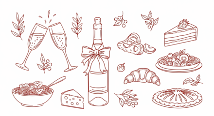 Collection of stylized food and drink illustrations with a retro neon glow isolated on transparent background