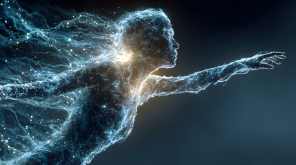 digital human figures made of particles and light trails, abstract technology background with glowing data visualization, virtual identity and network connection concept in neon gradient style