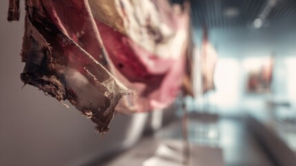 pennant. Tattered historical flag with burnt edges in a museum showcase. event programs, museum guides, designed for cultural heritage projects and event programs, preserves heritage.