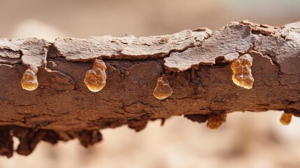 secretion. Close-up of frankincense tree bark with teardrop-shaped resin droplets glinting. gardening catalogs, home-decor guides, designed for gardening and botanical catalogs, used by clinicians.
