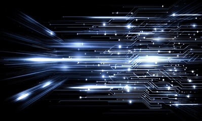 Minimalist circuit trace design, white luminous dots and lines on black, tech infrastructure background, for software UI background, electronic product packaging, corporate report.