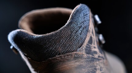 friction. Close-up of a hiking boot heel interior showing fabric wear patterns from sock friction. lifestyle magazines.