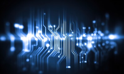 Neon blue circuit board pattern, glowing nodes and connections, PCB technology background, for semiconductor marketing, data security concept, engineering website design.