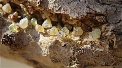 secretion. Close-up of frankincense tree bark with teardrop-shaped resin droplets glinting. gardening catalogs, home-decor guides, designed for gardening and botanical catalogs, used by clinicians.