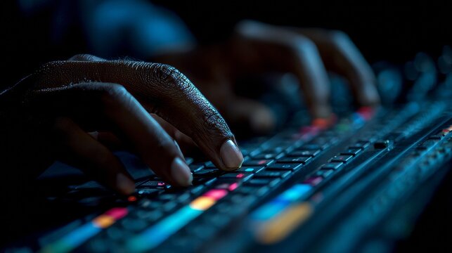 Close-up of dark-skinned hands typing rapidly on a keyboard with glowing multi-colored keys, illuminated dimly