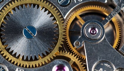 Extreme close-up of silver and brass gears inside a mechanical watch, showing crisp teeth, screws, and fine machining details