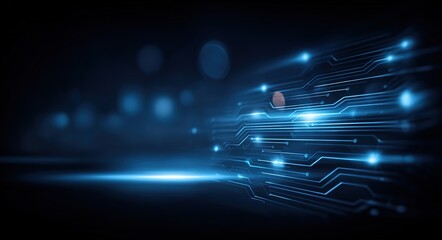 Futuristic circuit board, glowing blue PCB trace with light nodes on dark background, for technology concept, digital infrastructure visualization, engineering background design.