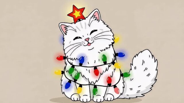 A charming cartoon illustration features a fluffy white cat adorned with vibrant string lights in red, green, blue, and yellow, radiating a cheerful and cozy holiday spirit. A glowing red star sits pl