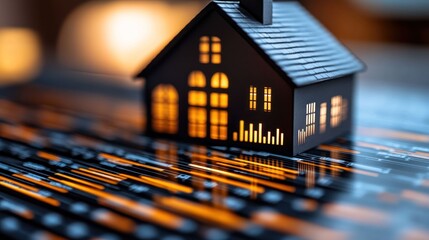 Miniature home, lit windows, abstract lines