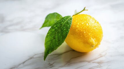 lemon. Vibrant lemon with green leaves on marble surface, fresh citrus close-up with water droplets. menu design, packaging mockups, designed for food delivery and cloud-kitchen brand materials.