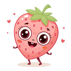 Fototapeta premium A cute cartoon strawberry character with a happy winking face and big eyes, surrounded by little hearts.