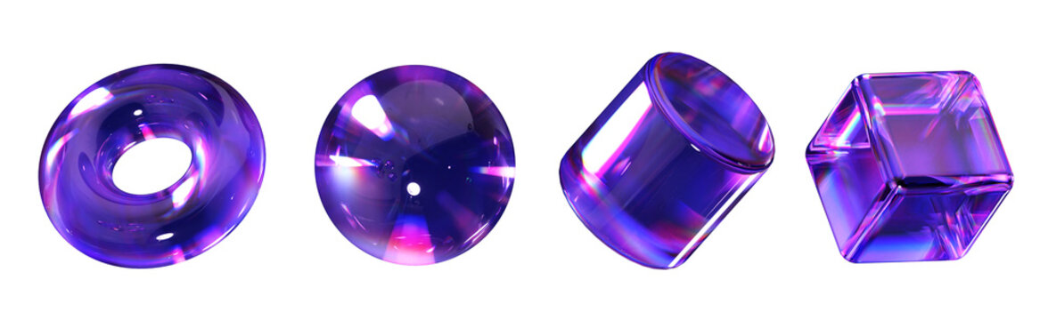 Set of glossy holographic purple geometric shapes &mdash; torus, sphere, cylinder and cube. Abstract glass objects with iridescent reflections for modern digital design. 3D Rendering.