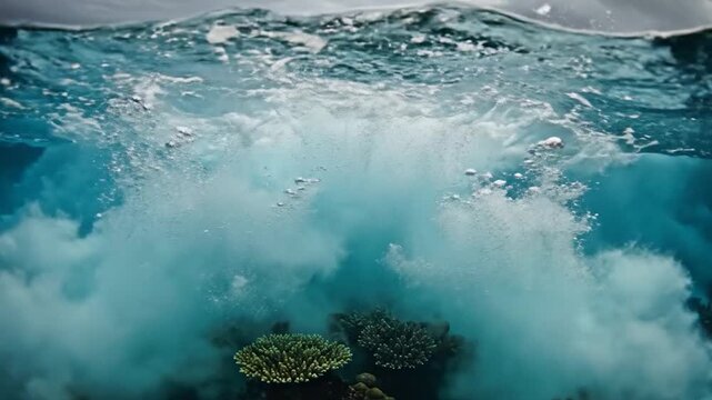 Split shot of rough ocean waves and turbulent water below