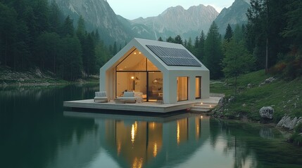 Modern cabin on a lake, nestled in mountains