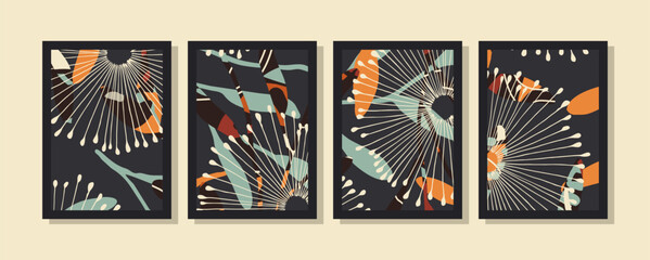 Set of abstract wall art vector. Leaves, organic shapes in hand drawn style. Wall decoration collection design for interior, poster, cover, banner.