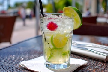 Refreshing summer cocktail with lime and cherry ice