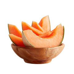 Sliced cantaloupe melon in wooden bowl isolated on transparent background