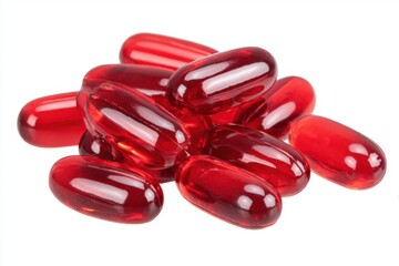 Pile of Red Gel Capsules on White Background for Pharmaceuticals and Dietary Supplements, Health and Wellness, Vitamins and Medicine for a Healthy Lifestyle and Treatment