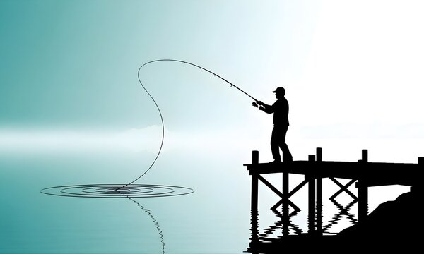 Silhouette of a Fisherman Casting His Line from a Wooden Pier into Calm Waters