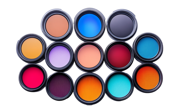 Overhead shot of camera lens filters arranged in circular pattern highlighting photography equipment and organization isolated on white background PNG