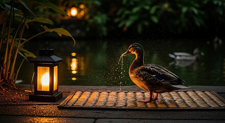 Duck drinks by a pond near a glowing lantern in lush twilight