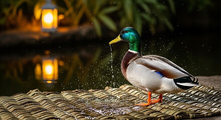 Duck w/ water drops, lantern glows background, serene moment