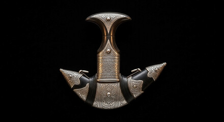 Ornate dagger in sheath, silver details against black background