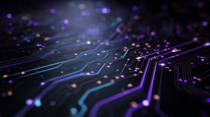 Close-up of a circuit board with glowing lines and points. The image is a macro, highlighting the technology