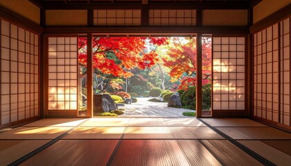 Fototapeta premium View of Japanese Garden with Autumn Maple Leaves from Traditional Tatami Room and Wooden Engawa