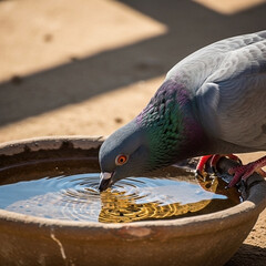 Pigeon drinking from a small, rustic bowl in bright sunlight