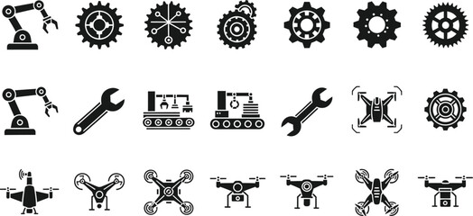 Collection of industrial icons featuring robotic arms gears wrenches and drones isolated on transparent background
